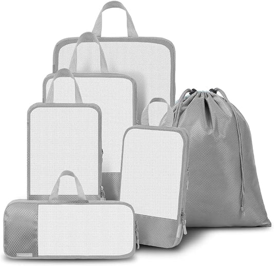WOOMADA Compression Packing Cubes for Suitcases Travel Essentials 6 Set Rectangle Mesh Expandable Travel Bags Organizer for Luggage by WOOMADA