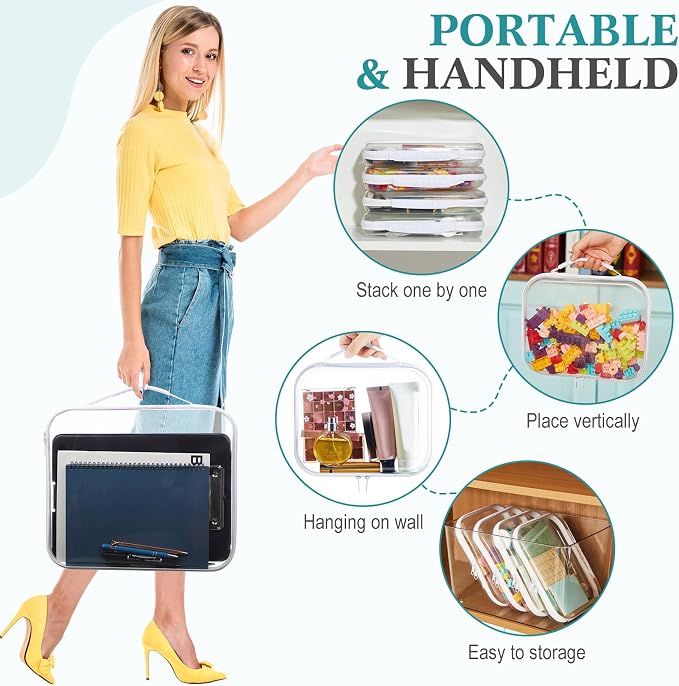 Sanwuta 4 Pcs Clear Hard Zipper Case with Handle Office Storage Cases Hard Plastic Pouches Transparent Bins for Crafts, Snacks, Cosmetics, Puzzles(13.8 x 11.8 x 2 Inches,White) - Image 5