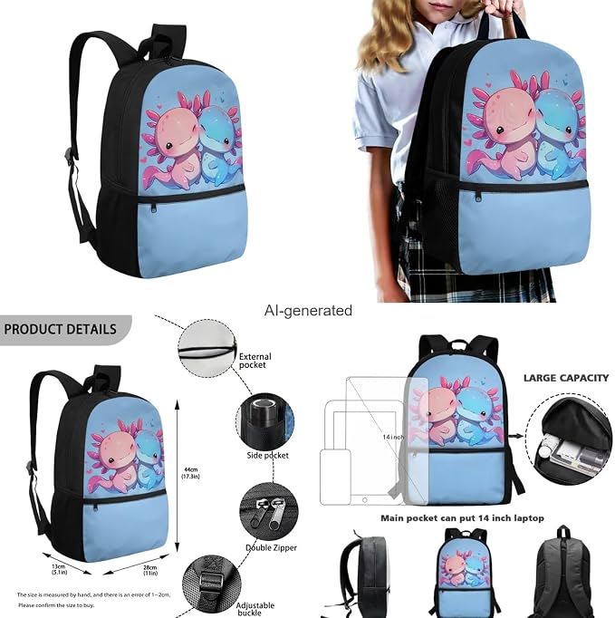 Axolotl Backpack for Girls Kids Backpack with Lunch Box Water Bottle Pouch and Kawaii Pencil Case 4PCS Set Bookbag with Front Pocket for School 17 inch Cute School Bag for Elementary Girls - Image 3