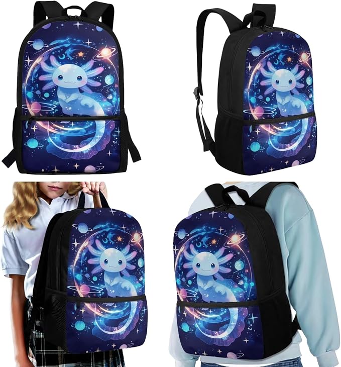 Axolotl Backpack with Lunchbox Kids Space School Bag and Lunch Bag Set for Boys 6-8 Large Capacity Bookbag/Lunch Box/Pencil Case/Water Bottle Holder, 4 Piece Solar System Planet Backpacks - Image 2