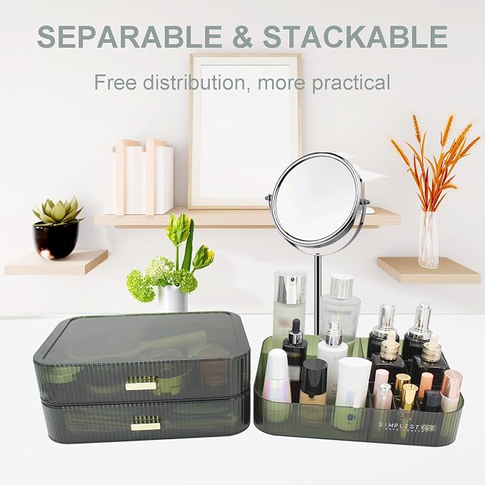 Makeup Organizer with 2 Drawers, Cosmetics Organizer for Bedroom and Bathroom Vanity Countertops, Large Capacity Cosmetic Storage Box for Skincare Cream Perfume Lipstick Dresser Counter-Green - Image 2