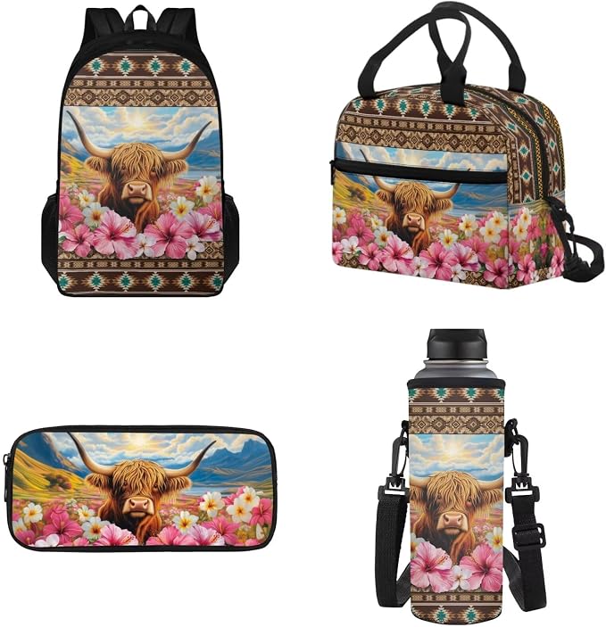 4 in 1 School Backpack for Teens of Thermal Lunch Box Pencil Box Water Bottle Holder, Cattle Floral Lightweight School Book Bag, Kids Teens Daypack Everyday Pack for School and Daycare by Tomeusey