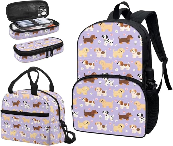 Cute Puppy Backpack and Lunch Bag Pencil Case Set for Girls, Middle School Elementary Bookbags, 3Pcs School Bag with Lunch Bag Pencil Case - Image 6