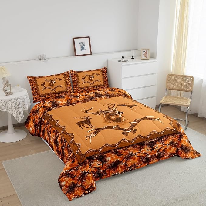 Erosebridal Hunting Animal Comforter Set for Kids Boys Girls Rustic Deer Elk Moose Bedding Set Twin Vintage Orange Jungle Quilt Farmhouse Down Comforter with 1 Pillow Sham Cabin Lodge Decor - Image 3