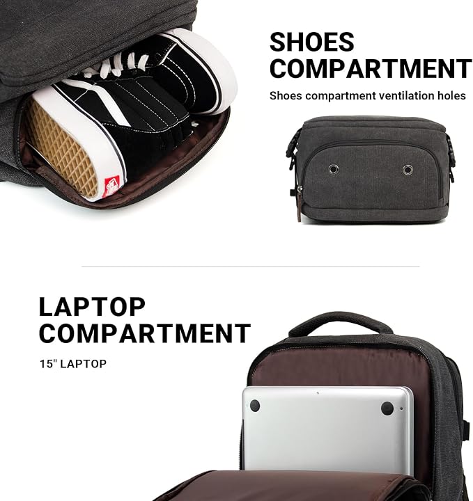 KAUKKO Canvas Travel Backpack, Personal Item Airline Approved, Carry On Backpack with Multi-Pockets and Shoe Pouch, fit 15.6 inch Laptop, 40L Weekender Bag, 11-BLACK - Image 6