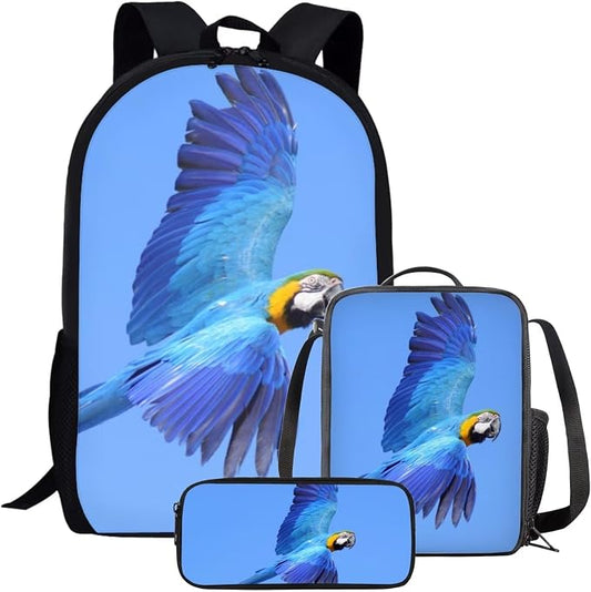Kids Novelty Animal Backpack and Lunch Box for Boys Girls Student Lightweight 17 Inch School Blue Throated Macaw Backpack with Lunch Bag Pencil Case Kids Comfy Padded Large Bookbag by Parprinty