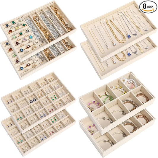 Tondiamo 8 Pcs Velvet Jewelry Drawer Organizer Trays Bulk 11.02 x 7.09 x 1.22 Inch Beige Stackable Jewelry Storage Inserts Set Tray Set with Removable Divider for Earrings Necklaces Bracelets by Tondiamo
