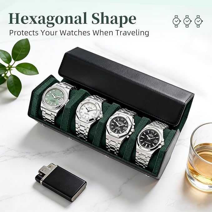 4-Slot Leather Watch Roll Travel Case with Velvet Interior,Black Green | Multiple Watch Capacity,Premium Hexagon Leather,Velvet M-Shaped Cushions,Secure Snap Closure,Storage Organizer - Image 4