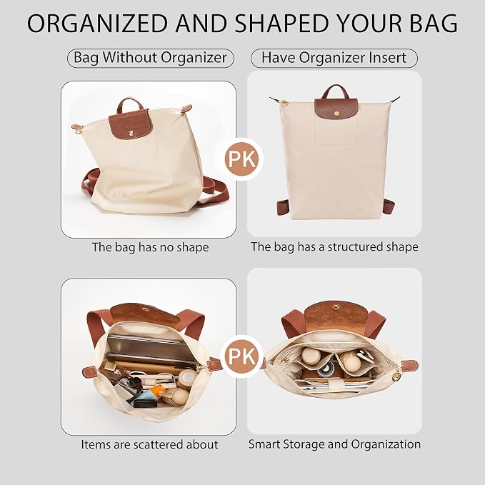 Soft Nylon Purse Organizer Insert for Longchamp Le Pliage M Backpack,Waterproof Lightweight with Laptop Compartment Long Champ Medium Backpack,Upgrade Taller Bag Insert with Cup Holder, Beige - Image 4
