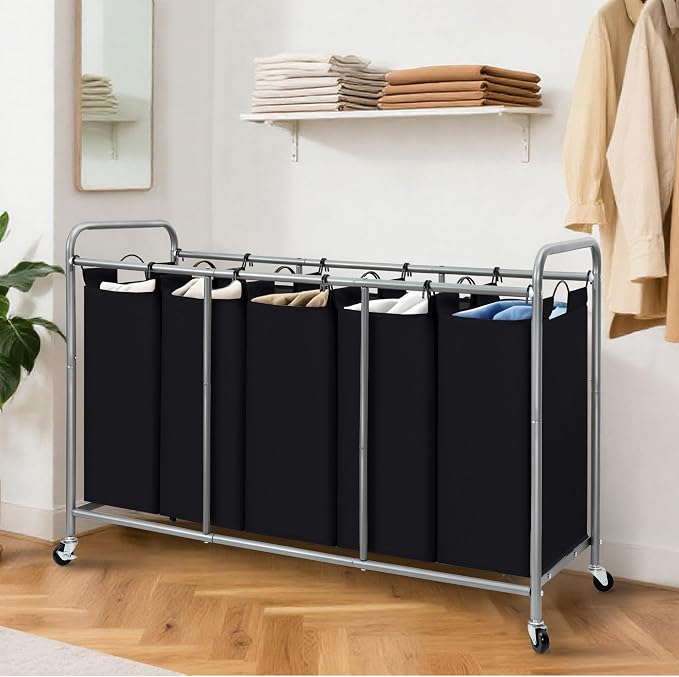 STORAGE MANIAC 5 Section Laundry Sorter, 5 Bins Rolling Separator Laundry Basket, Dirty Clothes Hamper Divider with Heavy Duty Lockable Wheels, Large Clothes Organizer Cart, Black - Image 6