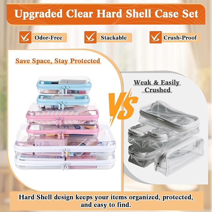 6Pcs Clear Hard Shell Zipper Case Set Travel Organizer, Hard Plastic Zipper Pouches Multi-Purpose Storage for Makeup, Toiletry, Office Supplies & Kids Toys - Image 5