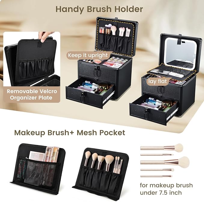 Faquenc Makeup Case with Drawer, Detachable Lighted LED Mirror, Makeup Organizer Box Travel Make up Vanity Case Portable Cosmetic Train Case for MUA Lockable Makeup Suitcase with Adjustable Dividers - Image 2