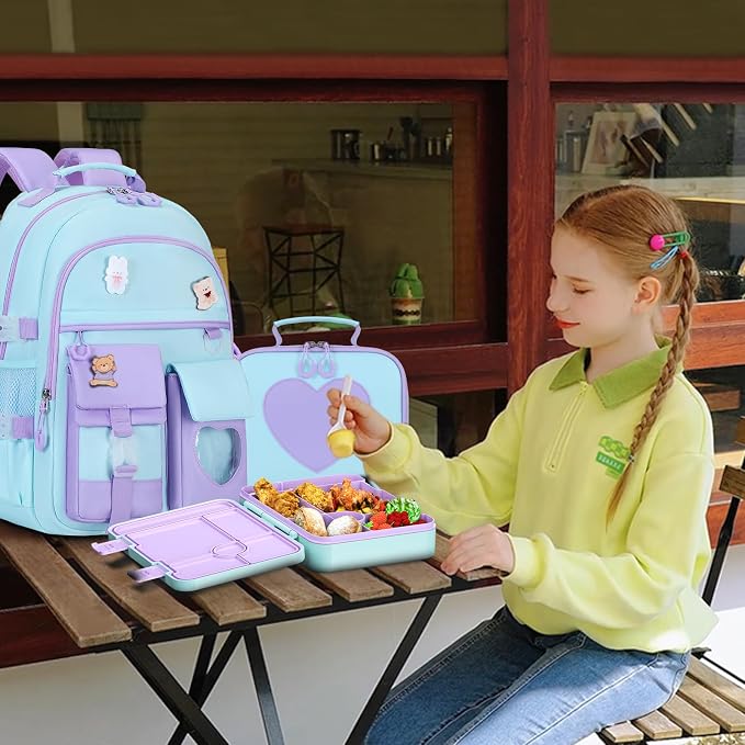 ACESAK Girls Backpack - Bento Box with Insulated Lunch Bag Pencil Case & Utensils Set for Kids, 6 Leakproof Compartments Removable Tray Lunches or Snack Container for School (Blue Purple) - Image 7