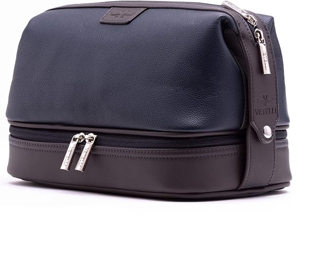 Vetell Leo Large Leather Men's Travel Toiletry and Shaving Case Bag with Upper and Lower Zippered Compartments, 3 Interior Loops and Carrying Handles - Image 10