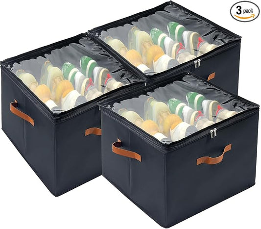 Shoe Organizer for Closet, 3 Pack Shoe Storage Bins with Clear Cover, Adjustable Dividers Fits 24-48 Pairs, Black by Vexalora