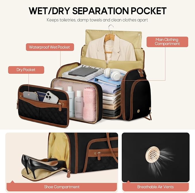 RAINSMORE Convertible Garment Bag for Travel Women 51L Carry On Garment Bag | Garment Duffel Bag with shoe pouch, dry/wet pockets, foldable water-resistant PU, suit/dress wrinkle care for business trips - Image 2