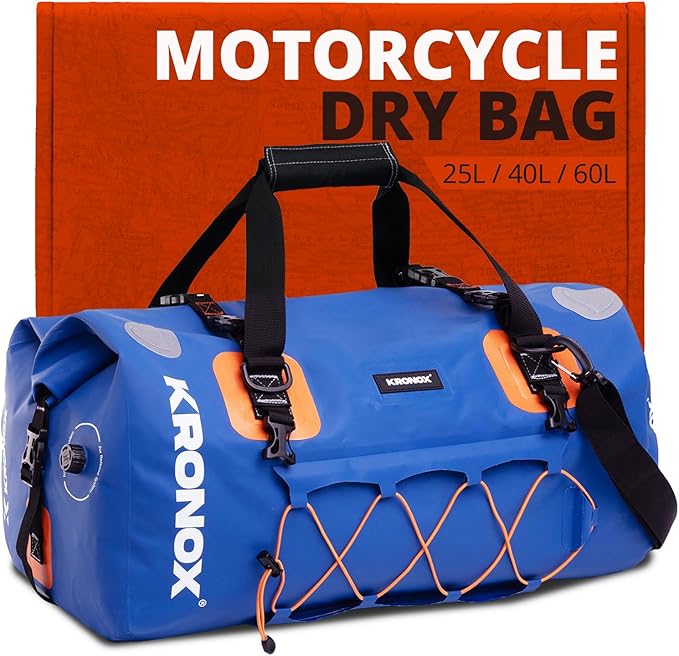 KRONOX Motorcycle Duffel Bag Waterproof, 40L Blue – Durable Motorcycle Luggage & Saddle Bags. Back Seat Dry Bag for Travel, Commute & Dirt Bike Gear by KRONOXGear