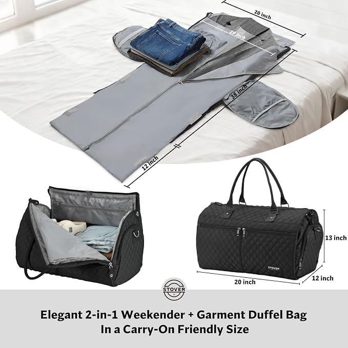STOVER Women’s Convertible Garment Duffel Bag for Travel – 2-in-1 Carry-On Weekender/Overnight Tote - Wrinkle-Free Dresses, Suits & Clothes + Shoe Compartment & Bonus Toiletry Bag (Onyx Black) - Image 2