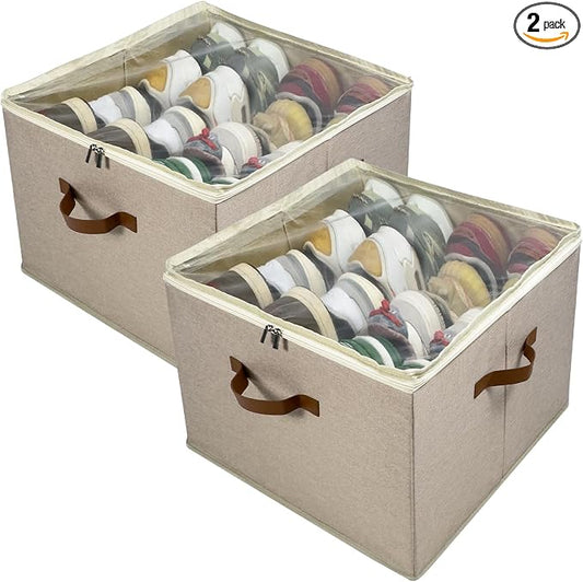 Shoe Organizer for Closet, 2 Pack Shoe Storage Bins with Clear Cover, Adjustable Dividers Fits 16-32 Pairs ShoeBoxes, Organizador de Zapatos, Khaki by Vexalora