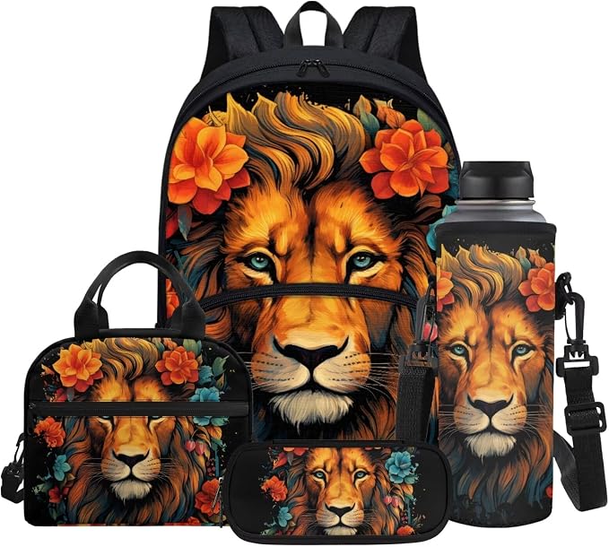 Lion Flowers Print School Backpack for Girls Boys Full Set of 4 Casual Schoolbags with Insulated Thermal Lunch Box Cooler Water Bottle Carrier Portable Pencil Case by Glomenade