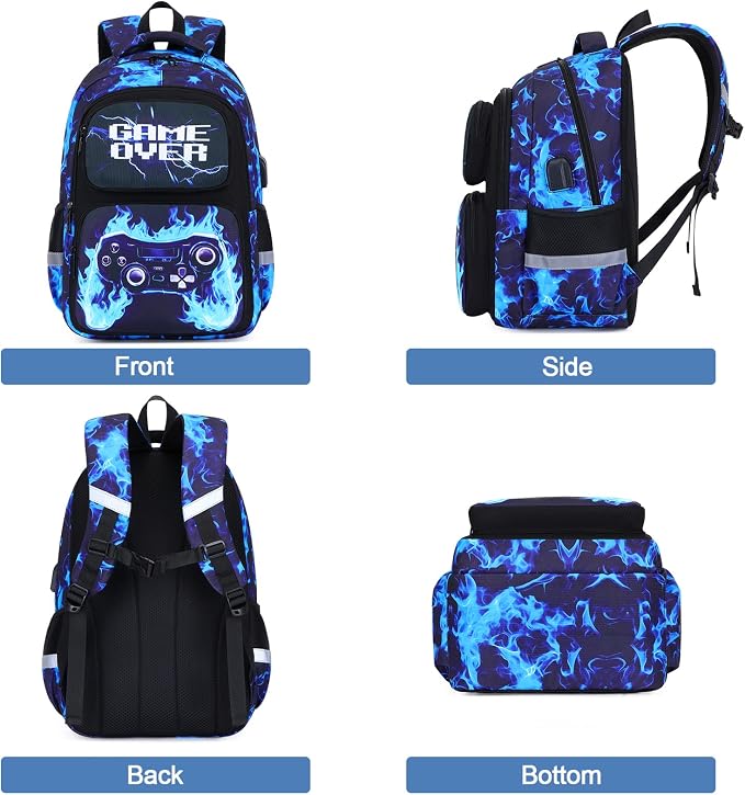 Bevalsa Backpack for Boys, School Bags for Kids, Bookbag for Boys Children Teens Backpacks for Elementary Middle High School Student, Bookbag and Lunch Bag Set with USB Charging Port (Blue Flame) - Image 7