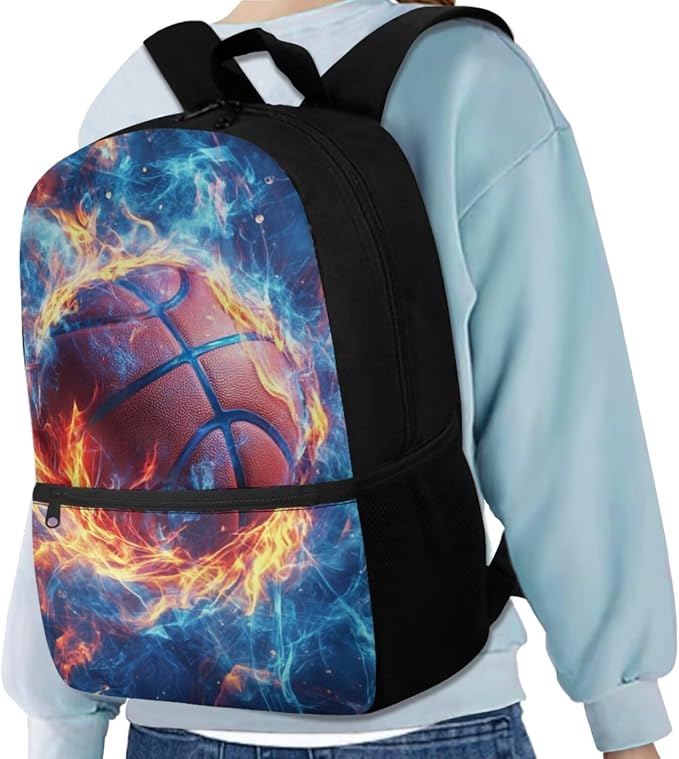 Fire Basketball Backpack for School Boys Backpack with Lunch Box Water Bottle Holder and Big Pencil Case 4PCS Bookbag with Front Pocket 17 inch Lightweight School Bag with Side Pocket for Kids - Image 2