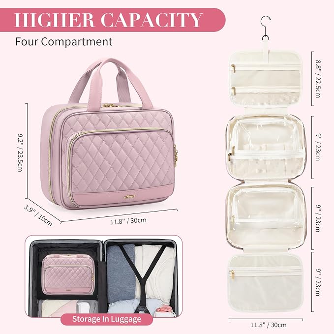 MDODO Travel Toiletry Bag for Women Hanging Cosmetic Organizer with Brush Compartment Makeup Bag for Full Sized Travel Essentials, Pinkish Purple - Image 3