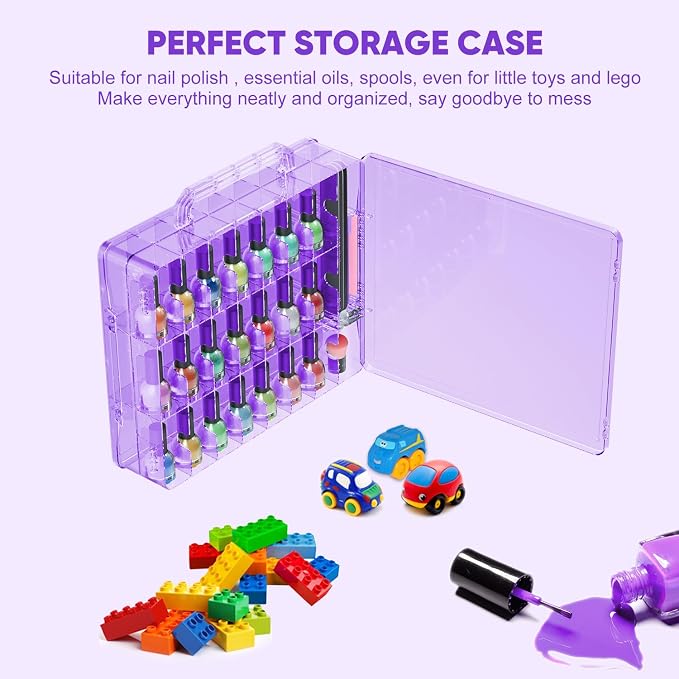 JIASHENG Nail Polish Organizer Case Holders 48 Bottles Nail Storage Box | Double Side Adjustable Space Divider for Acrylic Nail Gel Dip Powder Tips Set with Toe Separator, Purple - Image 2
