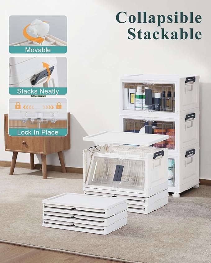 OlarHike 23QT Lockable Stackable Storage Bins with Lids, 3 Pack | Multi-Lid, Doors & Wheels, Dorm, School, Office, Bathroom, Closet, Cabinet, Foldable Containers, Organizers, Plastic Drawers - Image 4