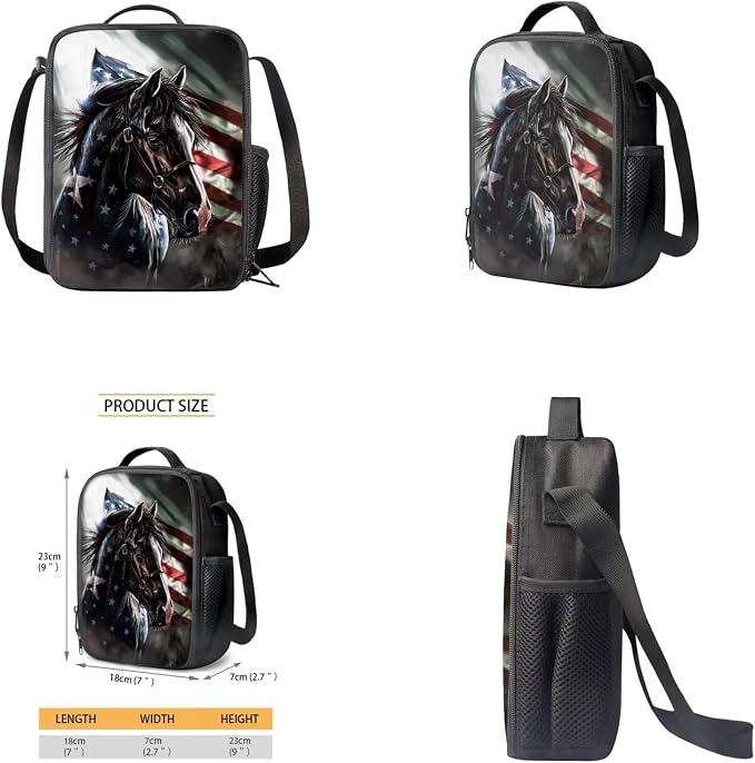 American Flag Horse Backpack for Boys Girls Backpack with Lunch Box Water Bottle Holder with Strap and Pencil Pouch 4PCS Bookbag with Front Pocket for School Teens 17 inch School Bag for Kids - Image 4
