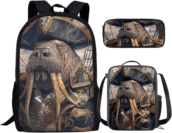 17 Inch Animal Print School Backpack And Lunch Box Set for Kids Lightweight Cool Walrus Backpack for Boys Girls Sturdy School Bag with Insulated Lunchbox Pencil Case Student Bookbag by Parprinty