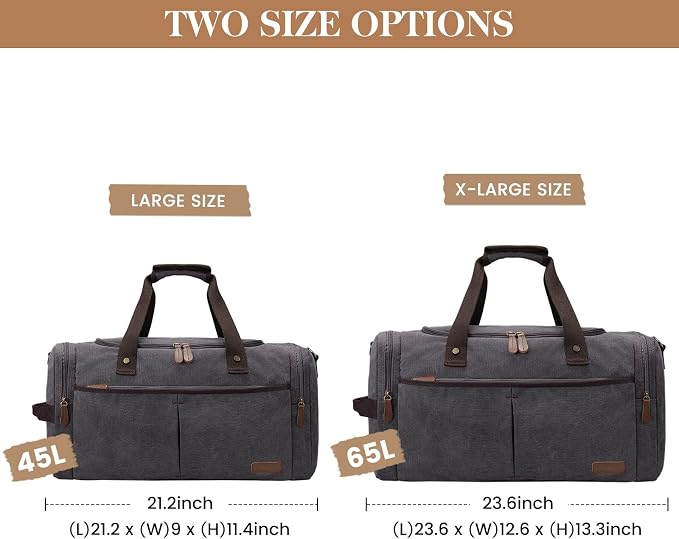S-ZONE Canvas Duffel Bag for Travel 65L Weekender Overnight Travel Bags with Shoes Compartment for Men | Water-resistant, X-Large Size, Multi-Pockets, Removable Shoulder Strap, for Gym or Travel, Grey - Image 4