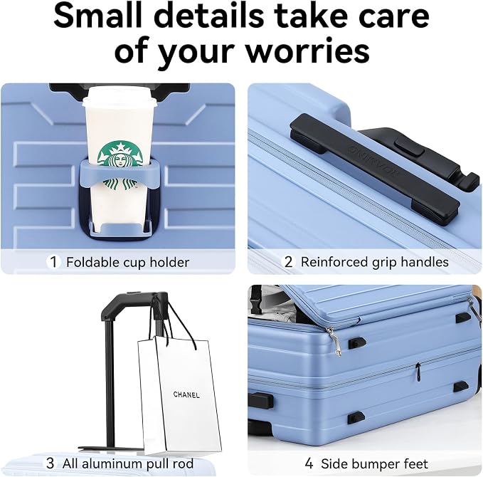 ROAMING 20 Inch Carry On Luggage Expandable TOP Opening Rolling Vacation Suitcase with Spinner Wheels and TSA Lock Cup Holder PC Hard Shell Travel Trolley Case for Shout Business Trips blue - Image 2