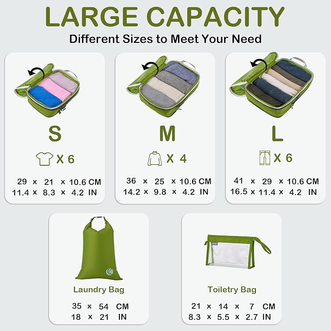 Cipway Compression Packing Cubes, Ultralight Luggage Organizer Bags with Laundry Bags and Clear Toiletries Bag, Travel Essentials for Carry on Suitcase (6 Piece,Green) - Image 6