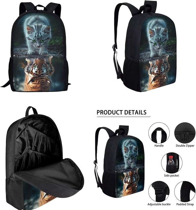 Cat Backpack and Lunch Box Set Girls 5-6/6-7/7-8 Tiger Elementary School Bookbag with Lunch Bag 4 in 1 Student Back Pack Lunchbox Pencil Case Water Bottle Holder Primary Schoolbag - Image 2