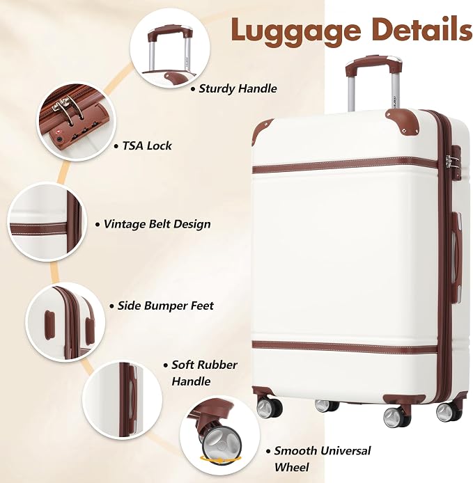 Merax 28 Inch Checked Luggage, Expandable Suitcase with Spinner Wheels, Hard Shell Vintage Luggage Set with TSA Lock(White) - Image 3