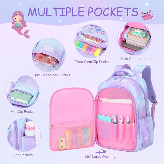 ACESAK Kids School Backpack for Girls, Mermaids Bookbag Backpack with 14OZ Water Bottle, Lunch Bag Set for GirlsTeens Middle Student, Girls Backpacks for School (Purple) - Image 3