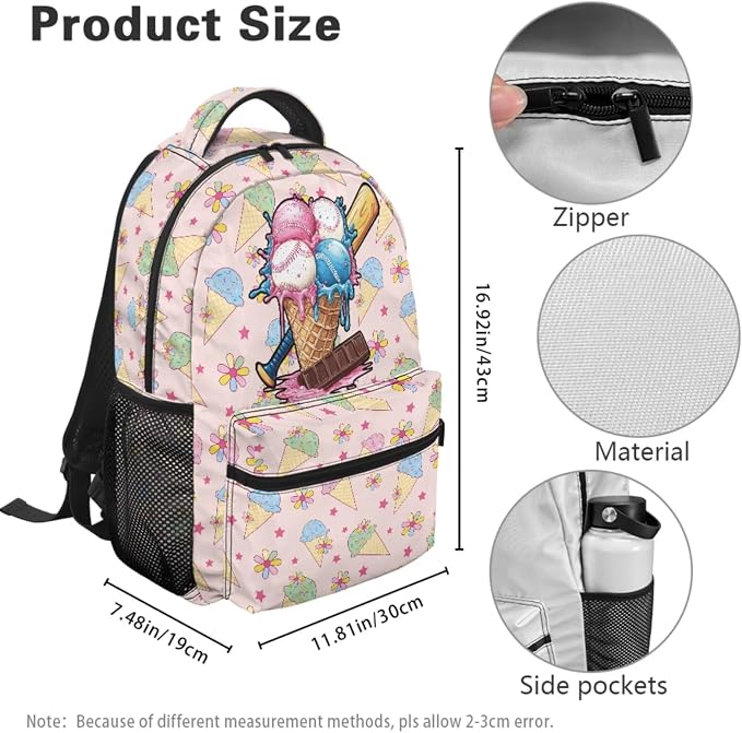 Ice Cream Cone Baseball 4-Piece Backpack Set with Lunch Box, Pencil Case & Dinosaur Charm, 17 Inch Bookbag for Girls 4th 5th 6th Grade Large Capacity Sport Backpack - Image 4