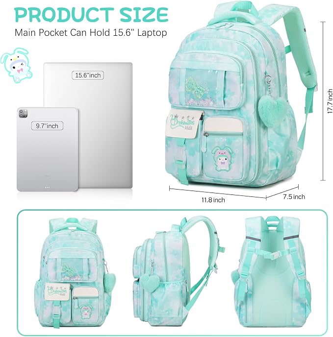 Jafeton Backpacks for Girls, Girls Backpack with Insulated Lunch Box and Pencil Case for Kids Teens Elementary Middle High School Student, Cute Bow School Bag Travel Daypacks Book Bag Set (Green) - Image 2