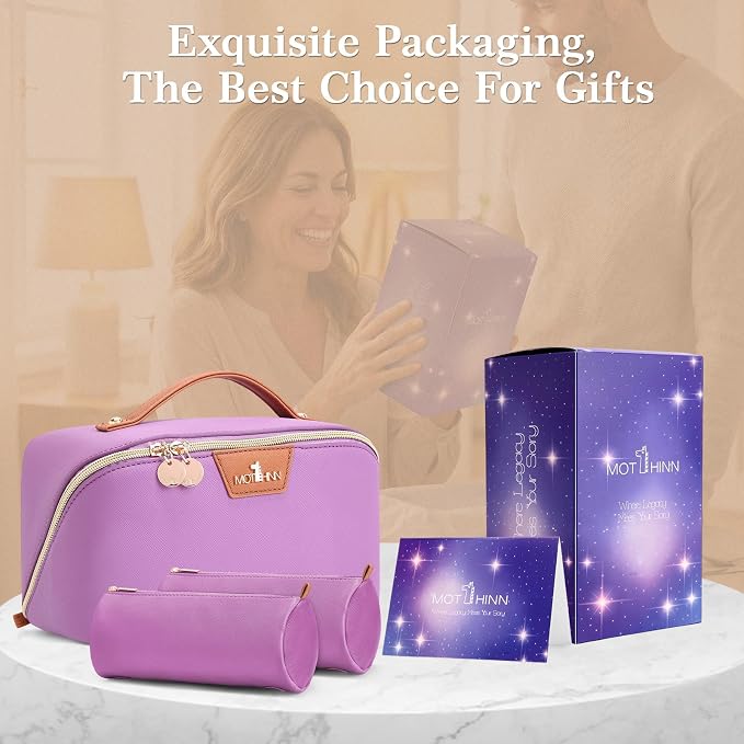 Travel Makeup Bag for Women: 3-in-1 Large Capacity Cosmetics Organizer with 2 Detachable Pouch - Vegan Leather Flat Open Toiletry Bag - Travel Essentials for Full-Sized Bottles(01-Purple) - Image 7