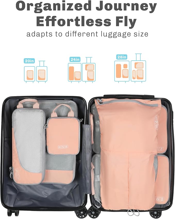 Hynes Eagle 6 Set/ 4 Set/ 2 Set Compression Packing Cubes Travel Essentials Lightweight Nylon Luggage Suitcase Organizer Bag Light Pink 6PCS - Image 3