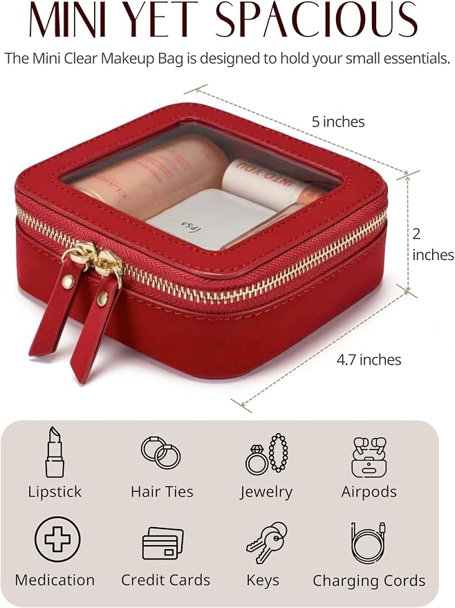 Popvibe Clear Makeup Case Toiletry Bag Travel Medium Clear Cosmetic Bag with Zipper, Mini & Medium, Red - Image 5