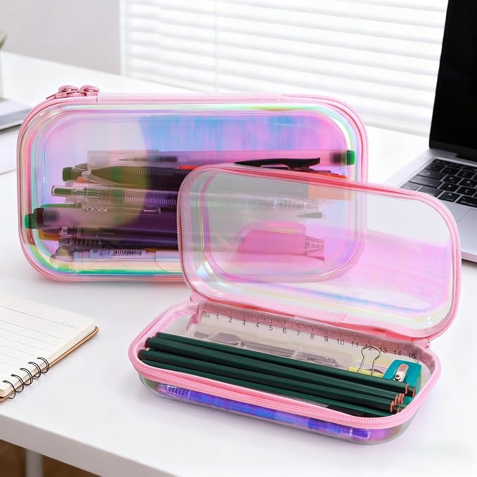 Clear Hard Shell Zipper Case, Surface scratch resistant material, Portable Cosmetic Bag with Zipper, Diaper Bag Organizing Pouches, Hard Plastic Case, Clear Bags for Organizing, Laser Pink （3 Pcs） - Image 5