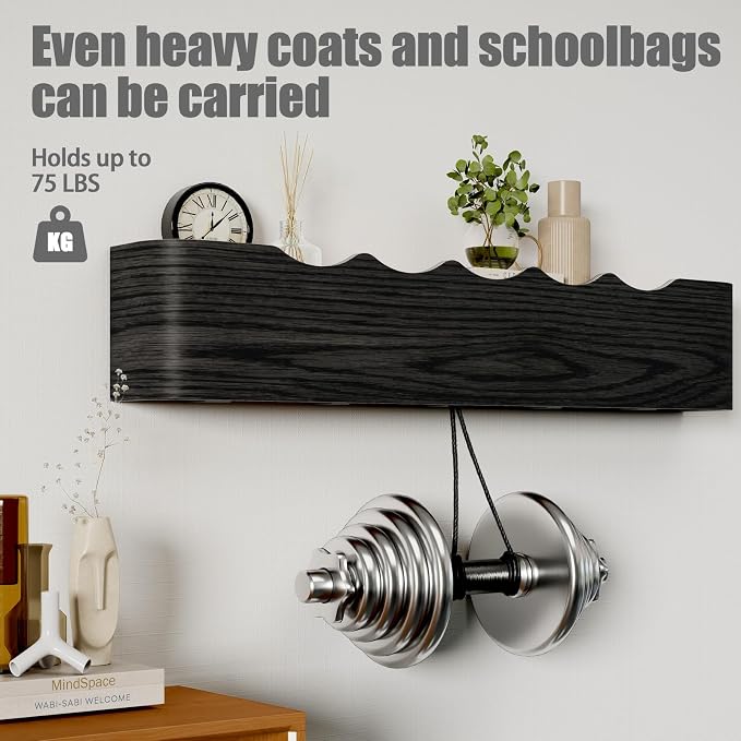 Coat Rack Wall Mount with Shelf 5 Hidden Hooks Modern Wooden Key Holder Entryway Organizer for Hallway Bedroom Bathroom Home Decor Storage for Hanging Coats Hats Bags Towels, Wave-Shape Black - Image 4