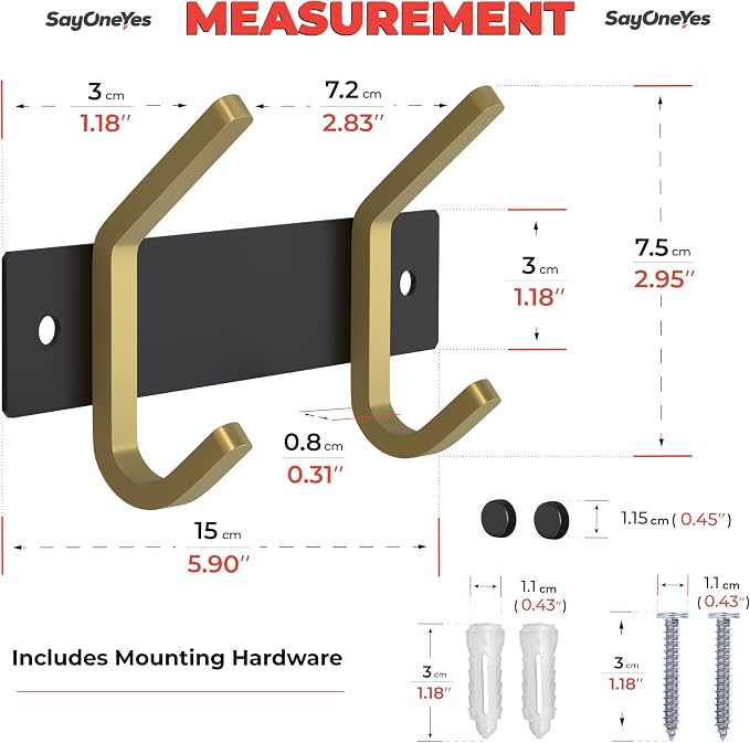 Small Coat Rack Wall Mount – Black and Gold Hook Rail with 2 Double Coat Hooks, 6 Inch Stainless Steel Wall Hooks for Entryway, Bathroom, Bedroom, Closet, Towel, Hat, Bag, Heavy Duty Organizer - Image 2