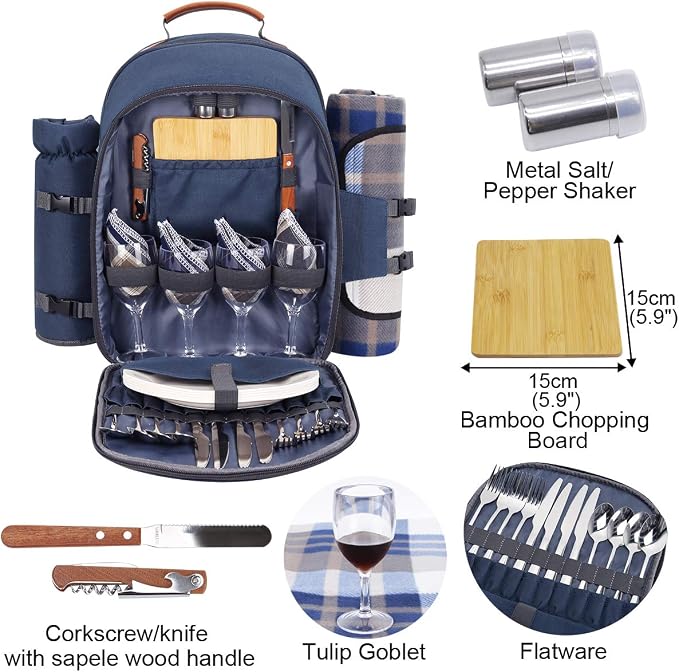 Sunflora Picnic Backpack for 4 Person Set Pack with Insulated Waterproof Pouch for Family Outdoor Camping (Navy Blue) - Image 2