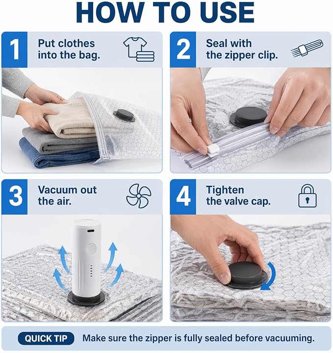 Travel Compression Vacuum Bags with Rechargeable Mini Air Pump, 15 Pack Carry-On Size Space Saver Bags, Reusable Vacuum Storage Bags for Clothes, Travel Essentials Organizer - Image 2