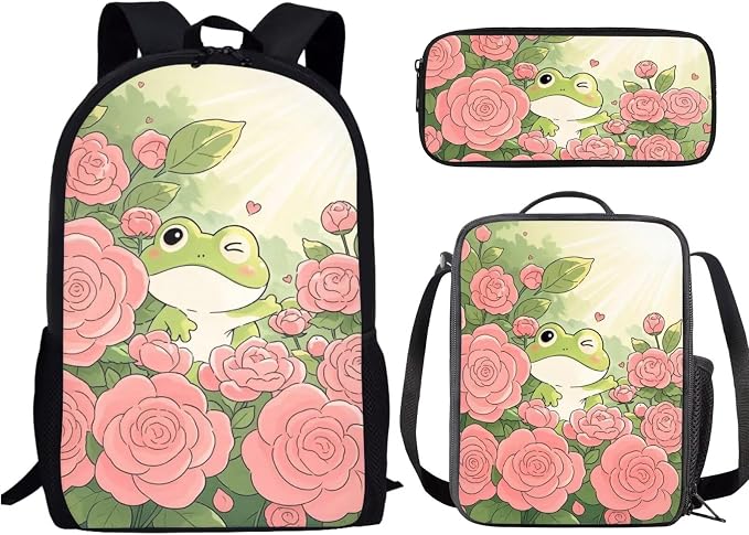 Forchrinse Frog Rose Backpack for Girls 6-8 8-10 Cute Kids Backpack with Lunch Box Pencil Case 3 in 1 Bookbag for Kindergarten Elementary Primary Schoolbag by Forchrinse
