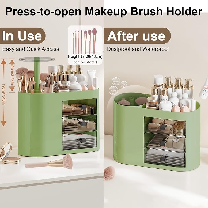 DASITON Makeup Organizer with 3 Drawers,Automatic Lifting Makeup Brush Holder with Lid,Large Capacity Makeup Organizers for Vanity,Bathroom Countertop,Ideal Storage Skin Care,Brushes,Lipstick (Green) - Image 4