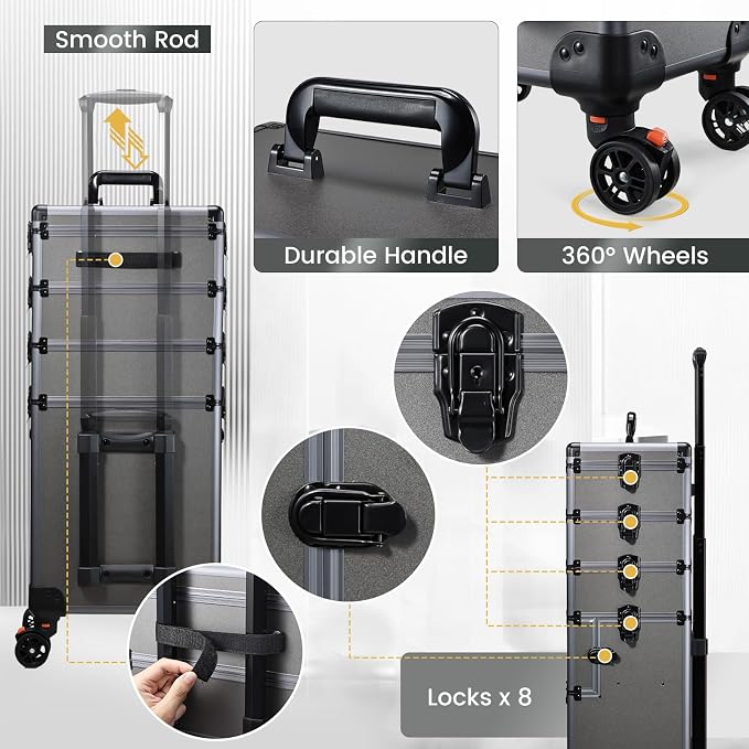 Yueieoun 5 in 1 Makeup Train Case, Cosmetology Case on Wheels Travel Make up Case Rolling Nail Cart Makeup Organizer Cosmetic Storage Box Cases Extra Large Trolley Truck, 360° Swivel Wheels, Ashy Grey - Image 8